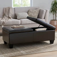 Double-Top Storage Ottoman with Soft Leather, Tufted Design, Ample Interior Space, and Matching Espresso Legs, 51"x24.5"x19", Brown(m-5)