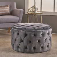Modern Glam Round Velvet Ottoman with Cushioned Top, Grey