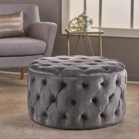 Modern Glam Round Velvet Ottoman with Cushioned Top, Sturdy Frame, and Space-Saving Design, 29.5" L x 29.5" W x 18" H, Gray(m-1)