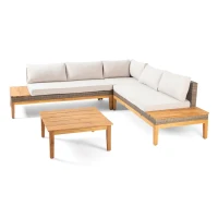 Loft Outdoor Acacia Wood and Wicker 5 Seater Sectional Sofa Set with Water-Resistant Cushions, Built-In Side Tables, and Durable Polyethylene Rattan, 64"x30"x27", Teak(m-8)