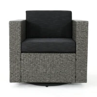 Outdoor Swivel Club Chair, Polyethylene Wicker, Water-Resistant Cushions, 33.5" L x 31.5" W x 27.75" H, Assembly Required, Black+Gray(m-9)