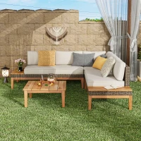 Loft Outdoor Acacia Wood and Wicker 5 Seater Sectional Sofa Set with Water-Resistant Cushions, Built-In Side Tables, and Durable Polyethylene Rattan, 64"x30"x27", Teak(m-7)