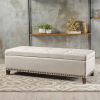 Storage Ottoman with Tufted Waffle Stitching, Nailhead Trim, Contemporary Design, and Ample Storage Space, 50.85" L x 19.65" W x 15.75" H, Beige(m-1)