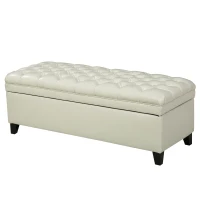 Storage Ottoman with Birch Legs, Faux Leather Tufted, 50" L x 20.5" W x 18.25" H, Spot Clean, Ivory(m-2)