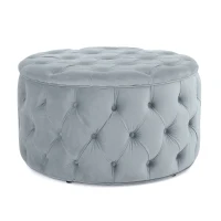 Modern Glam Round Velvet Ottoman with Cushioned Top, Sturdy Frame, and Space-Saving Design, 29.5" L x 29.5" W x 18" H, Light Gray(m-8)