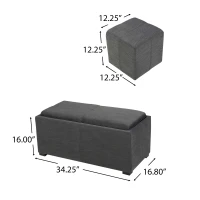 Storage Ottoman Bench with 2 Nested Ottoman Cubes, Wood Construction with Fabric Upholstery, Pre-Assembled, 34.25" L x 16.8" W x 16" H, Gray(m-3)