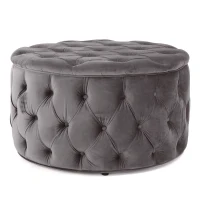 Modern Glam Round Velvet Ottoman with Cushioned Top, Sturdy Frame, and Space-Saving Design, 29.5" L x 29.5" W x 18" H, Gray(m-8)