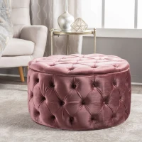 Modern Glam Round Velvet Ottoman with Cushioned Top, Sturdy Frame, and Space-Saving Design, 29.5" L x 29.5" W x 18" H, Blush(m-4)