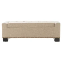 Storage Ottoman with Studs, Hinged Lid, Tufted Top, and Birch Legs, 50.85" L x 19.5" W x 17" H, Wheat(m-10)