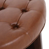 Round Ottoman with Faux Leather Upholstery, Button Tufting, Rubberwood Frame, and Open Shelf, Contemporary Design, 32" L x 32" W x 17" H, Light Brown(m-6)
