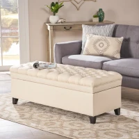 Storage Ottoman with Birch Legs, Hand-Tufted Fabric, 50" L x 20.5" W x 18.25" H, Spot Clean, Beige(m-1)