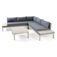 Loft Outdoor Acacia Wood and Wicker 5 Seater Sectional Sofa Set with Water-Resistant Cushions, Built-In Side Tables, and Durable Polyethylene Rattan, 64"x30"x27", Gray(m-10)