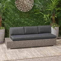 Outdoor Wicker 3-Seater Sofa with Built-In Side Table, Water-Resistant Cushions, Rust-Proof Aluminum Frame, 75.5" L x 29.75" W x 25.5" H, Black+Gray(m-5)