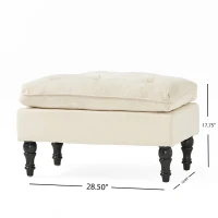 28" Pillow Top Ottoman with Button Tufted Upholstery, Turned Birch Legs, Extra Seating or Footrest, 28.5"x18"x17.75", Cream(m-3)