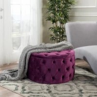 Modern Glam Round Velvet Ottoman with Cushioned Top, Sturdy Frame, and Space-Saving Design, 29.5" L x 29.5" W x 18" H, Fuchsia(m-4)