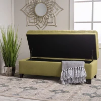 Storage Ottoman with Birch Legs, Hand-Tufted Fabric, 50" L x 20.5" W x 18.25" H, Spot Clean, Green(m-4)
