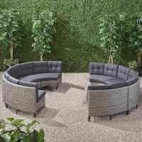 Outdoor 8 Seater Sofa, Modular Half-Circle Design, Polyethylene Rattan, Water-Resistant Cushions, 106" x 35" x 28", Black+Gray(m-1)