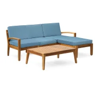 Transitional L-Shaped Patio Furniture Set, Acacia Wood Frame with Water-Resistant Cushions and Slat Panel Design, 27" L x 29.5" W x 26.25" H, Blue(m-2)