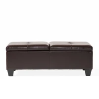 Double-Top Storage Ottoman with Soft Leather, Tufted Design, Ample Interior Space, and Matching Espresso Legs, 51"x24.5"x19", Brown(m-11)