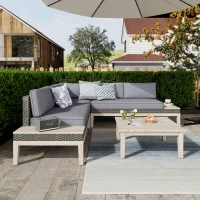 Loft Outdoor Acacia Wood and Wicker 5 Seater Sectional Sofa Set with Water-Resistant Cushions, Built-In Side Tables, and Durable Polyethylene Rattan, 64"x30"x27", Gray(m-4)