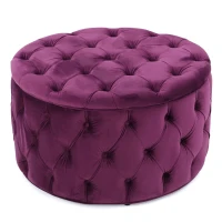 Modern Glam Round Velvet Ottoman with Cushioned Top, Sturdy Frame, and Space-Saving Design, 29.5" L x 29.5" W x 18" H, Fuchsia(m-2)