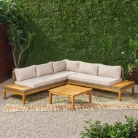 Loft Outdoor Acacia Wood and Wicker 5 Seater Sectional Sofa Set with Water-Resistant Cushions, Built-In Side Tables, and Durable Polyethylene Rattan, 64"x30"x27", Teak(m-6)