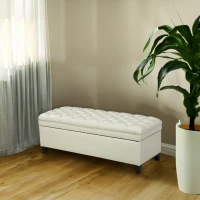 Storage Ottoman with Birch Legs, Faux Leather Tufted, 50" L x 20.5" W x 18.25" H, Spot Clean, Ivory(m-4)