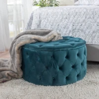 Modern Glam Round Velvet Ottoman with Cushioned Top, Sturdy Frame, and Space-Saving Design, 29.5" L x 29.5" W x 18" H, Teal(m-4)