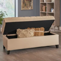 Storage Ottoman with Birch Legs, Hand-Tufted Fabric, 50" L x 20.5" W x 18.25" H, Spot Clean, Beige(m-4)