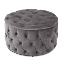 Modern Glam Round Velvet Ottoman with Cushioned Top, Sturdy Frame, and Space-Saving Design, 29.5" L x 29.5" W x 18" H, Gray(m-2)