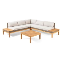 Loft Outdoor Acacia Wood and Wicker 5 Seater Sectional Sofa Set with Water-Resistant Cushions, Built-In Side Tables, and Durable Polyethylene Rattan, 64"x30"x27", Teak(m-2)