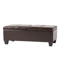 Double-Top Storage Ottoman with Soft Leather, Tufted Design, Ample Interior Space, and Matching Espresso Legs, 51"x24.5"x19", Brown(m-2)