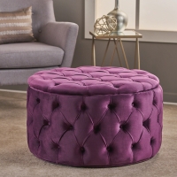 Modern Glam Round Velvet Ottoman with Cushioned Top, Fuchsia