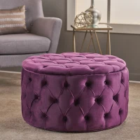 Modern Glam Round Velvet Ottoman with Cushioned Top, Sturdy Frame, and Space-Saving Design, 29.5" L x 29.5" W x 18" H, Fuchsia(m-1)