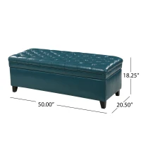 Storage Ottoman with Birch Legs, Faux Leather Tufted, 50" L x 20.5" W x 18.25" H, Spot Clean, Teal(m-3)