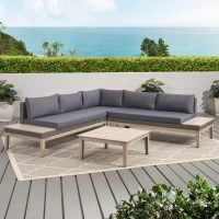 Loft Outdoor Acacia Wood and Wicker 5 Seater Sectional Sofa Set with Water-Resistant Cushions, Built-In Side Tables, and Durable Polyethylene Rattan, 64"x30"x27", Gray(m-5)