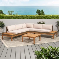 Loft Outdoor Acacia Wood and Wicker 5 Seater Sectional Sofa Set with Water-Resistant Cushions, Built-In Side Tables, and Durable Polyethylene Rattan, 64"x30"x27", Teak(m-4)