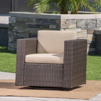 Outdoor Wicker Club Chair with Water Resistant Cushions, Swivel Chair, 33.5" L x 31.5" W x 27.75" H, Brown+Beige(m-5)