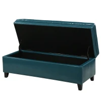 Storage Ottoman with Birch Legs, Faux Leather Tufted, 50" L x 20.5" W x 18.25" H, Spot Clean, Teal(m-7)
