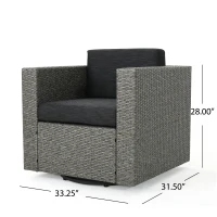 Outdoor Swivel Club Chair, Polyethylene Wicker, Water-Resistant Cushions, 33.5" L x 31.5" W x 27.75" H, Assembly Required, Black+Gray(m-3)