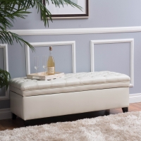 Storage Ottoman with Birch Legs, Faux Leather Tufted, 50" L x 20.5" W x 18.25" H, Spot Clean, Ivory