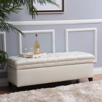Storage Ottoman with Birch Legs, Faux Leather Tufted, 50" L x 20.5" W x 18.25" H, Spot Clean, Ivory(m-1)