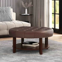 Round Ottoman with Faux Leather Upholstery, Button Tufting, Rubberwood Frame, and Open Shelf, Contemporary Design, 32" L x 32" W x 17" H, Dark Brown(m-1)