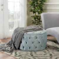 Modern Glam Round Velvet Ottoman with Cushioned Top, Sturdy Frame, and Space-Saving Design, 29.5" L x 29.5" W x 18" H, Light Gray(m-4)
