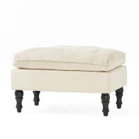 28" Pillow Top Ottoman with Button Tufted Upholstery, Turned Birch Legs, Extra Seating or Footrest, 28.5"x18"x17.75", Cream(m-2)