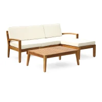 Transitional L-Shaped Patio Furniture Set, Acacia Wood Frame with Water-Resistant Cushions and Slat Panel Design, 27" L x 29.5" W x 26.25" H, Beige(m-2)