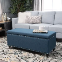 Fabric Storage Ottoman Bench with Solid Wood Construction, Versatile Seating and Storage, 42" L x 18.25" W x 18.25" H, Navy Blue(m-4)