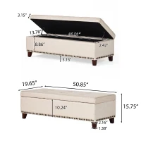 Storage Ottoman with Tufted Waffle Stitching, Nailhead Trim, Contemporary Design, and Ample Storage Space, 50.85" L x 19.65" W x 15.75" H, Beige(m-3)