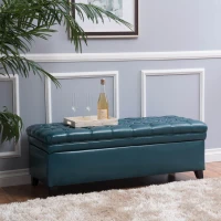 Storage Ottoman with Birch Legs, Faux Leather Tufted, 50" L x 20.5" W x 18.25" H, Spot Clean, Teal(m-1)