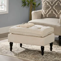28" Pillow Top Ottoman with Button Tufted Upholstery, Turned Birch Legs, Extra Seating or Footrest, 28.5"x18"x17.75", Cream(m-1)
